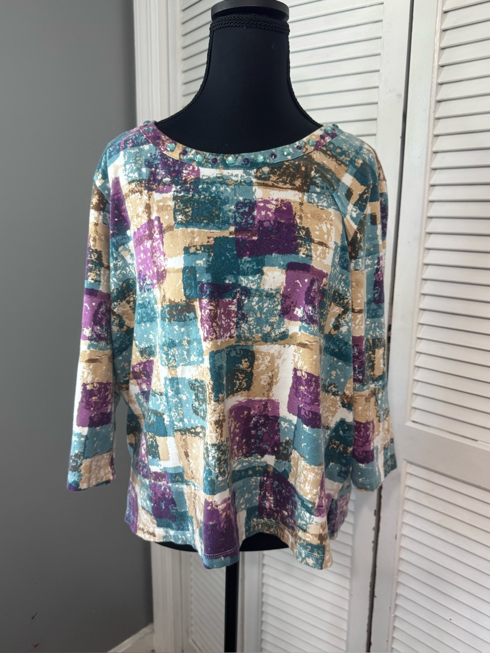 Alfred DunnerGeometric Abstract Print 3/4Sleeve Top in Teal, Purple & Cream PXL